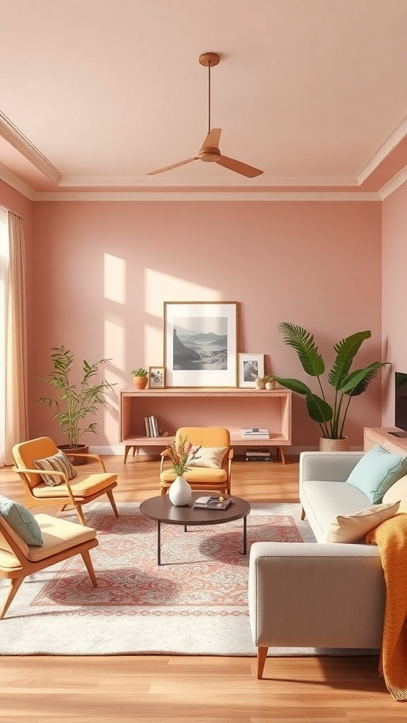 Cozy living room with pink walls and low ceiling, featuring a modern aesthetic.