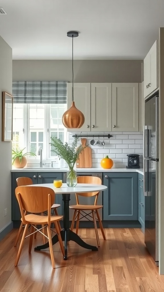 A small kitchen featuring blue cabinets, beige walls, a modern pendant light, and a cozy dining area with wooden chairs.