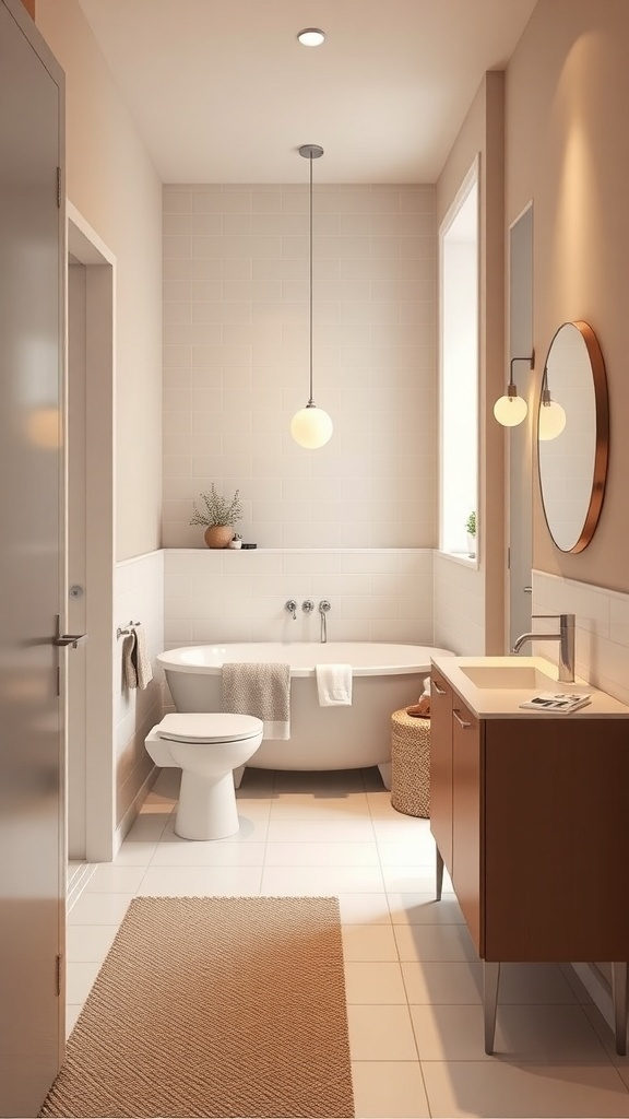 A narrow bathroom featuring light beige walls, white tiles, a wooden vanity, and modern lighting.