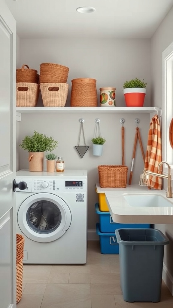 A small utility room featuring a washing machine, color-coded storage baskets, and a clean, organized layout.