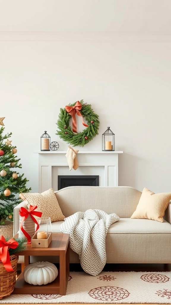A cozy living room with a green ornament wreath on the wall, a Christmas tree, and a comfortable sofa.