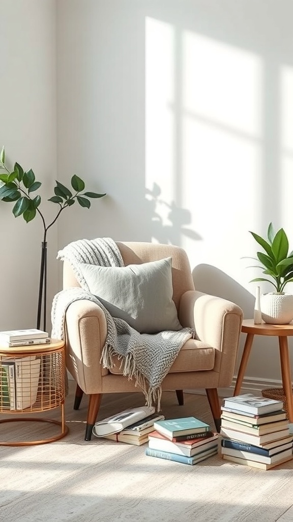 A cozy reading nook featuring a soft armchair, plants, and stacks of books.