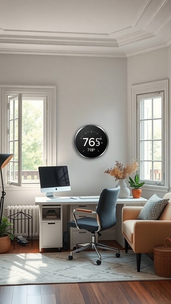 A home office with a thermostat showing 76°F, featuring a desk, computer, and plants.