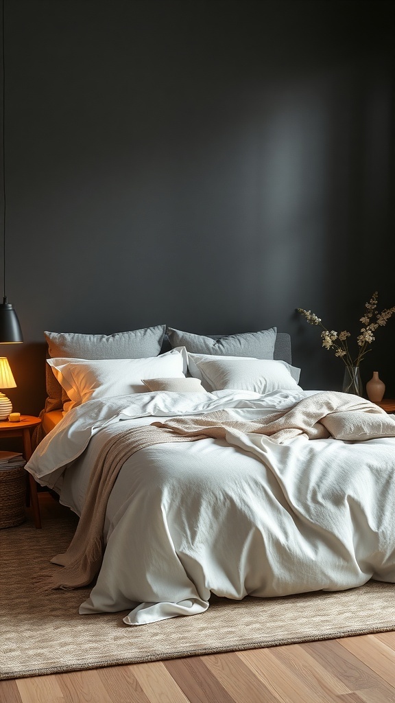 A cozy dark grey bedroom featuring a neatly made bed with white linens, a warm bedside lamp, and natural decor.