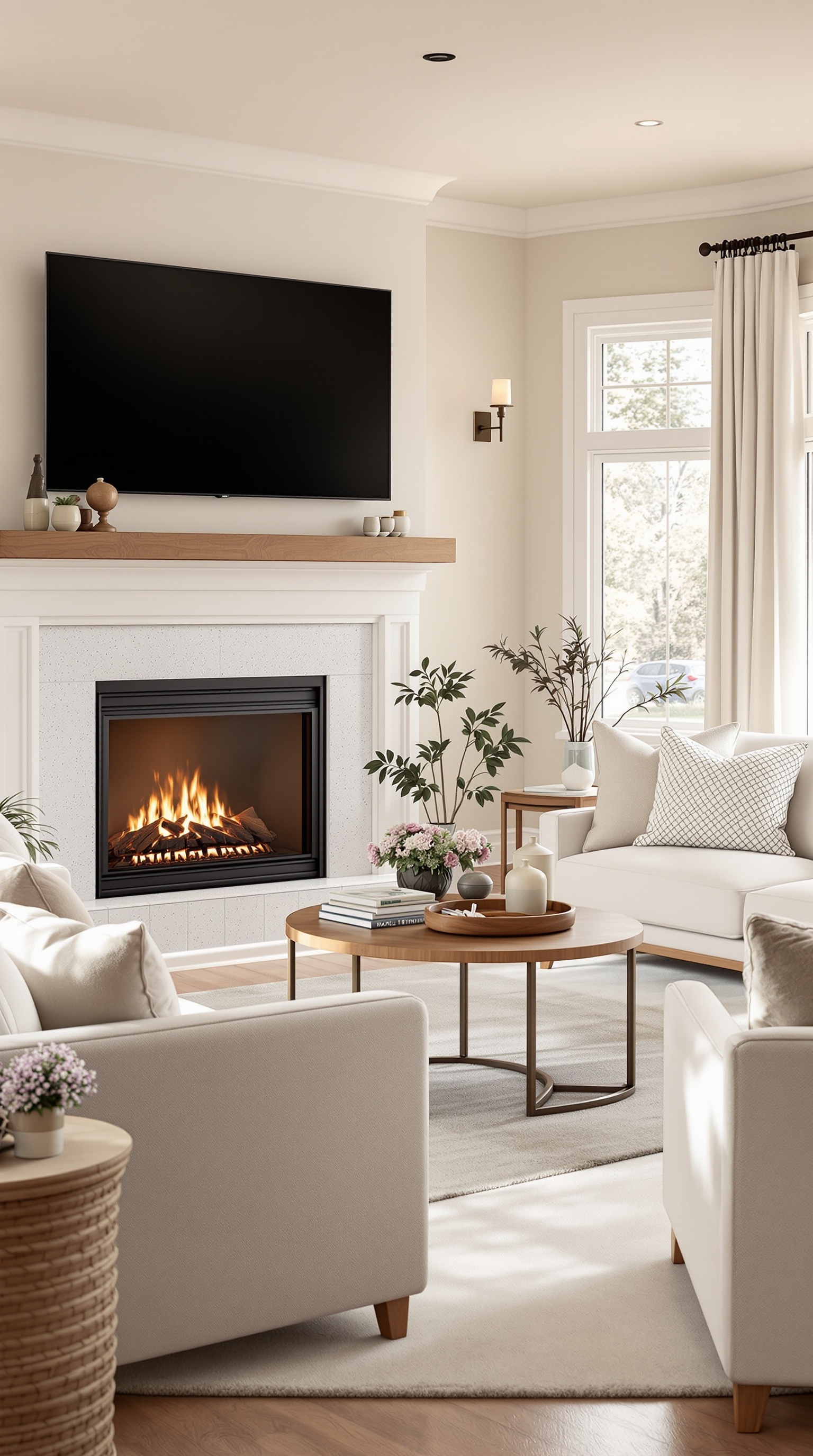 Cozy family room with a fireplace, comfortable seating, and natural light.