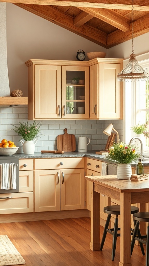 A cozy rustic kitchen with light wood cabinets, a wooden table, and natural decor.