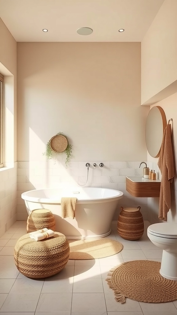 A cozy and inviting guest bathroom featuring a freestanding tub, warm colors, natural light, and woven accents.
