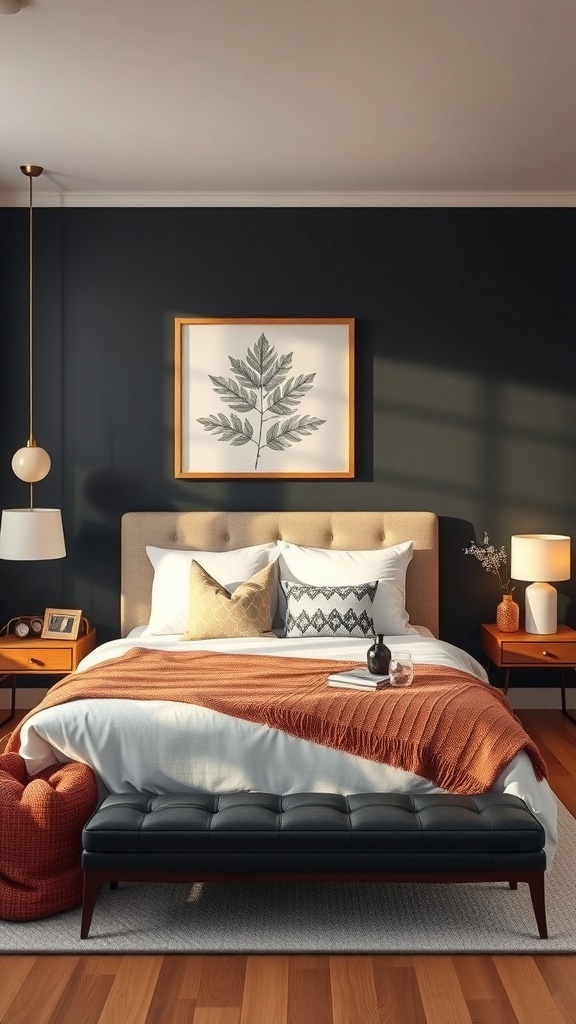 A cozy bedroom featuring a black accent wall, light bedding, and warm decor elements.