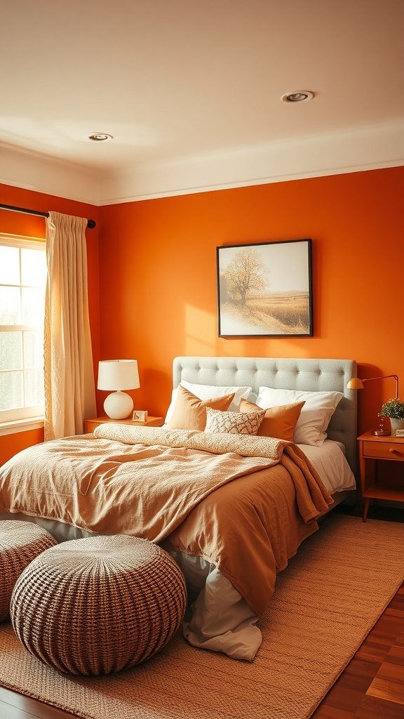 Cozy bedroom with burnt orange walls, soft bedding, and natural light.