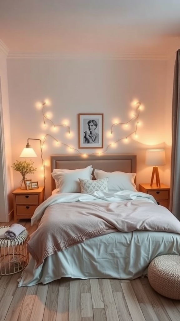 Cozy small bedroom with warm lighting, fairy lights, and wooden furniture.