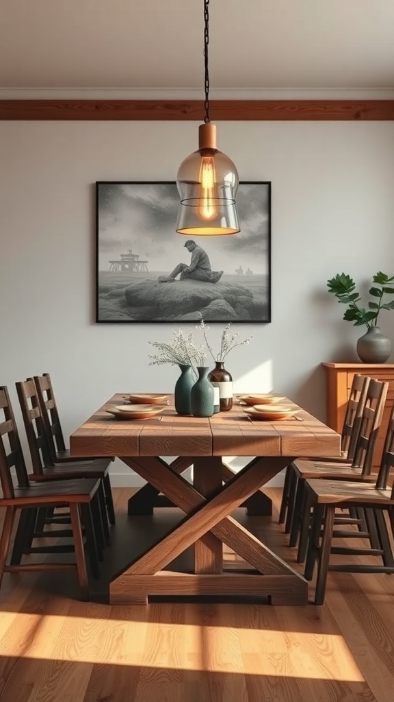 A rustic dining table with wooden chairs, a pendant light, and decorative vases, creating a cozy atmosphere.