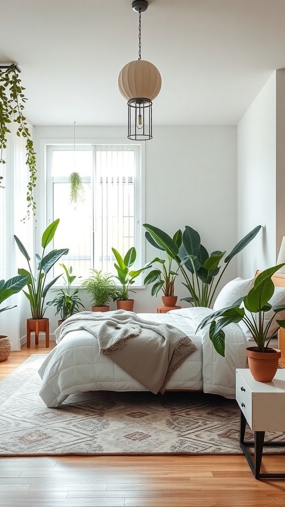 A cozy bedroom filled with various plants, featuring a bed with a soft blanket and a warm light fixture.