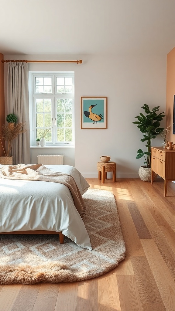Cozy cottage bedroom with a soft rug, light wood flooring, and neutral bedding.