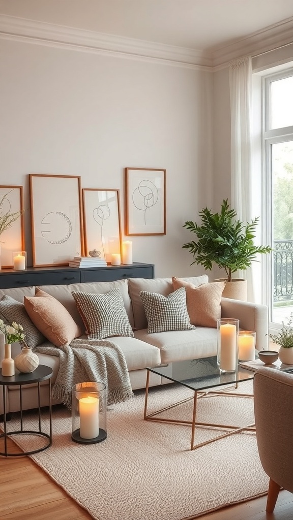 A cozy living room with candles, plants, and soft furnishings