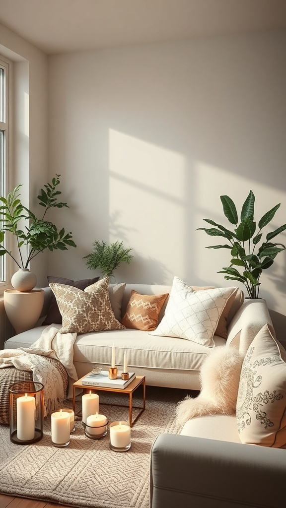 A cozy reading nook with a couch, pillows, candles, and plants.