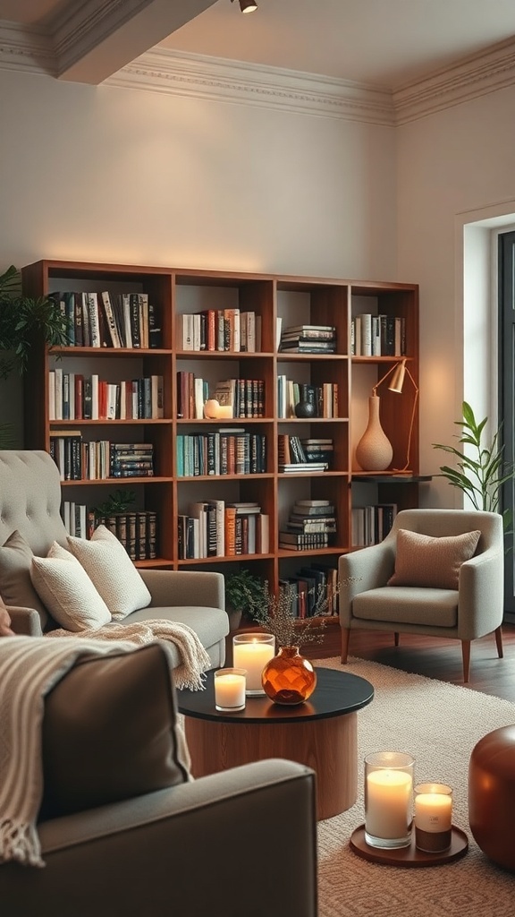 A cozy home library with bookshelves, comfortable seating, and candles.