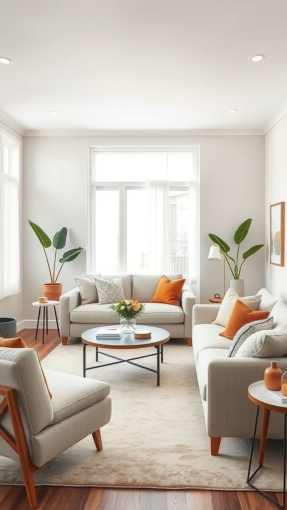 Cozy mid-century modern living room with light sofas, orange pillows, and plants.
