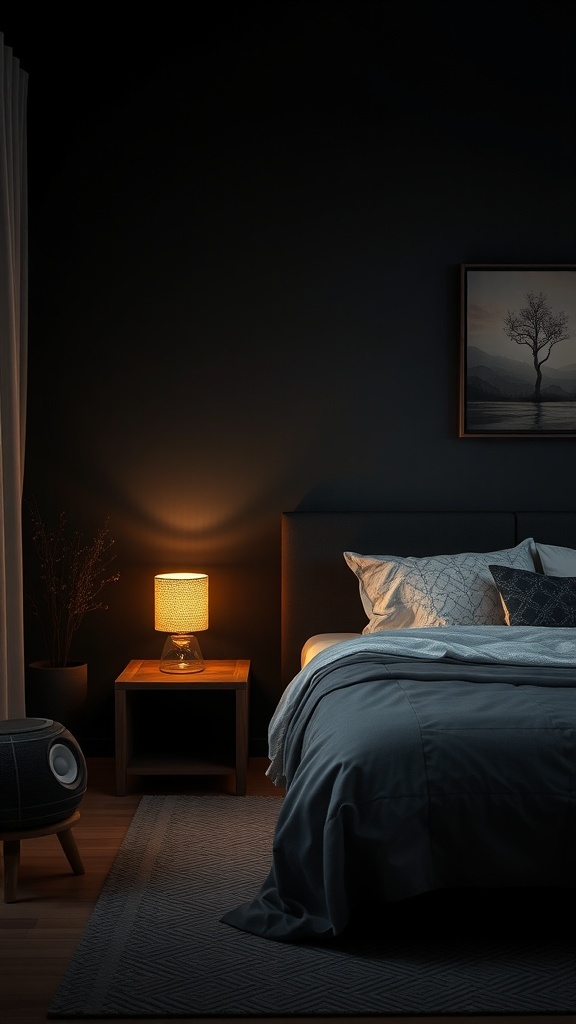 A dark cozy bedroom with a lamp illuminating the space, featuring a bed with soft bedding and a nightstand.