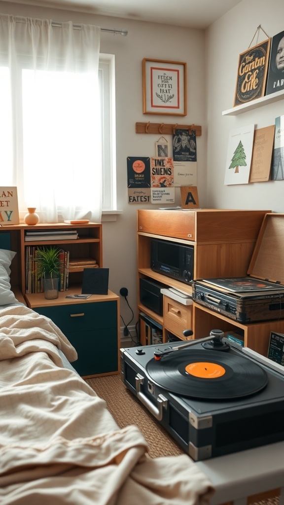 A cozy dorm room featuring a record player, soft bedding, and decorative wall art.