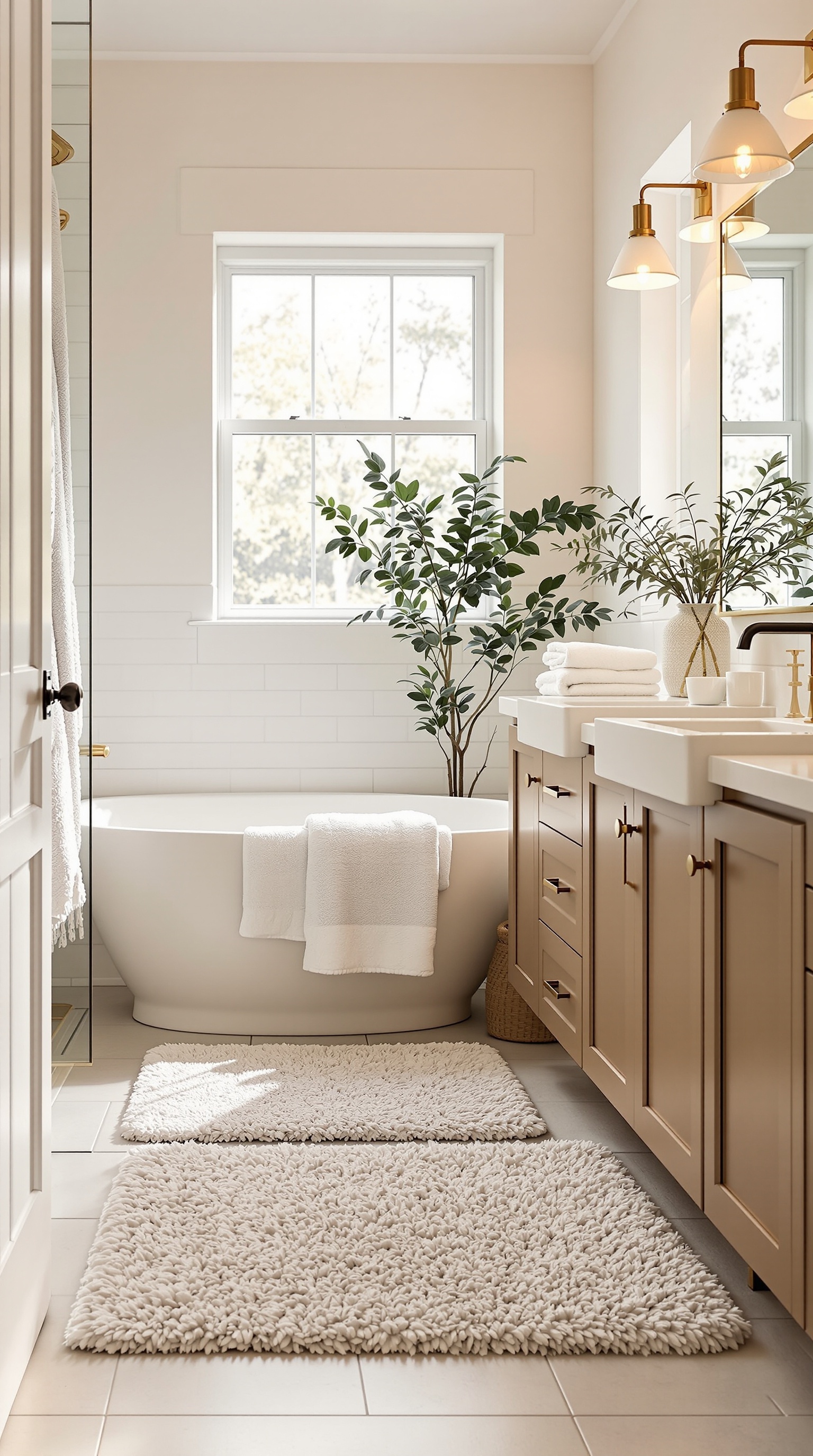 A cozy bathroom featuring fluffy bath mats, neatly stacked towels, and plants for a warm atmosphere.