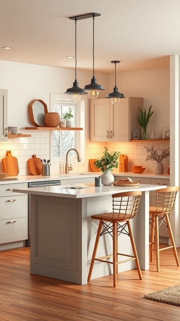 A cozy kitchen with a small island, warm lighting, and inviting decor.