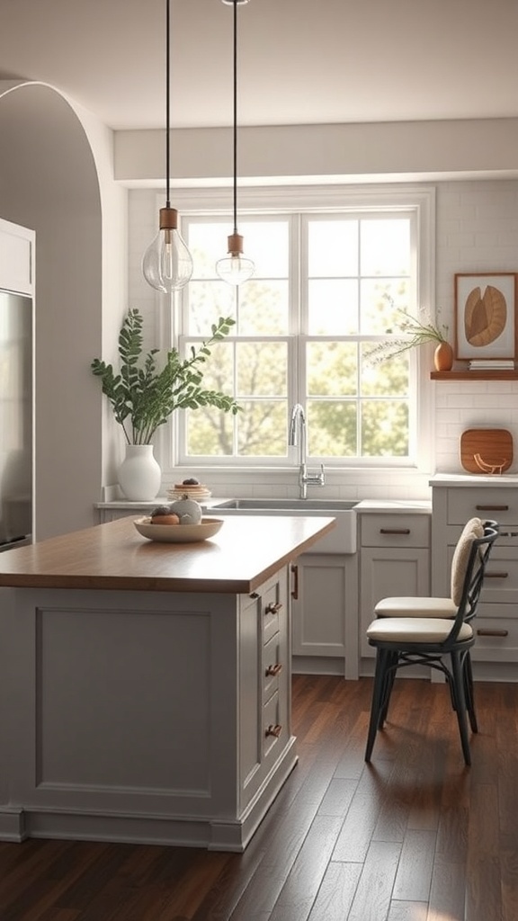 A modern kitchen island with a wooden top, a chair, and natural light from a window.