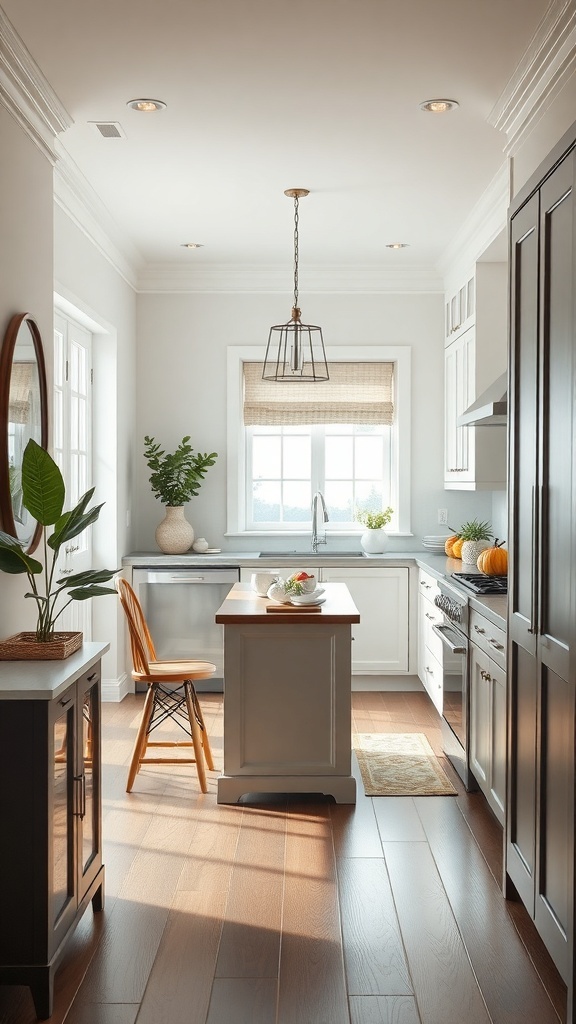 Cozy galley kitchen with island and breakfast nook, featuring warm lighting and inviting decor.