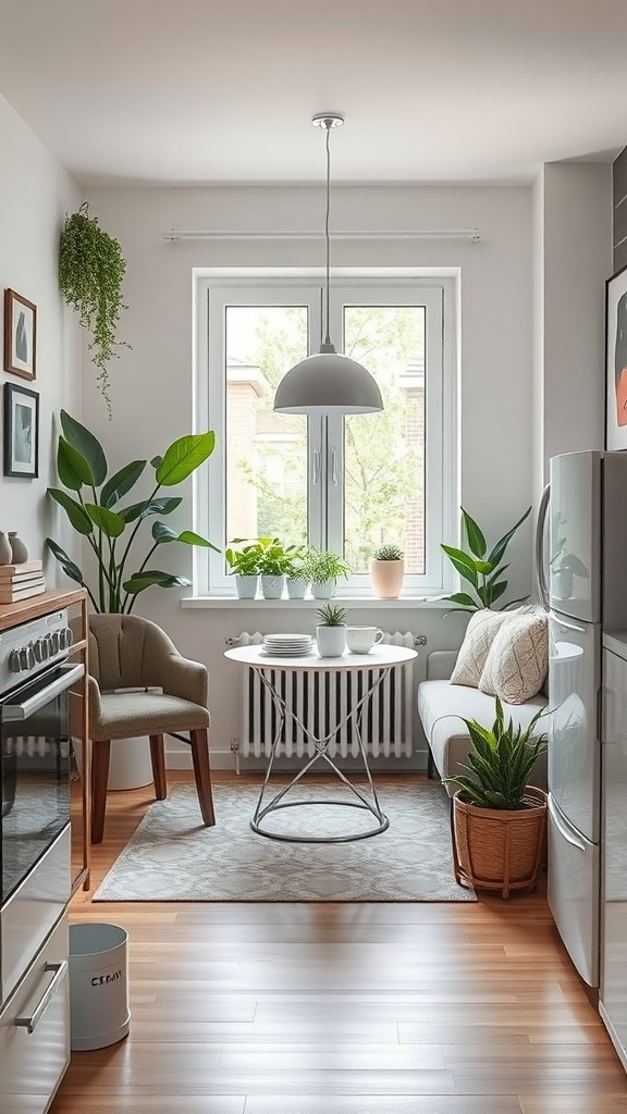 Cozy breakfast nook in an apartment kitchen with plants, a round table, and comfortable seating.