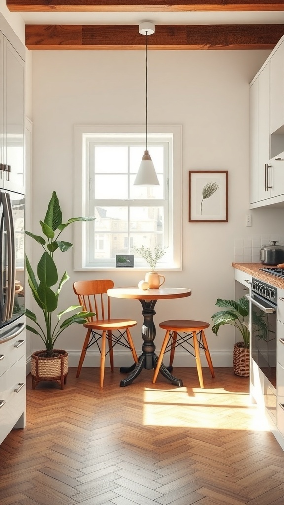 A cozy breakfast nook in a small kitchen with a round table, two wooden chairs, and plants.