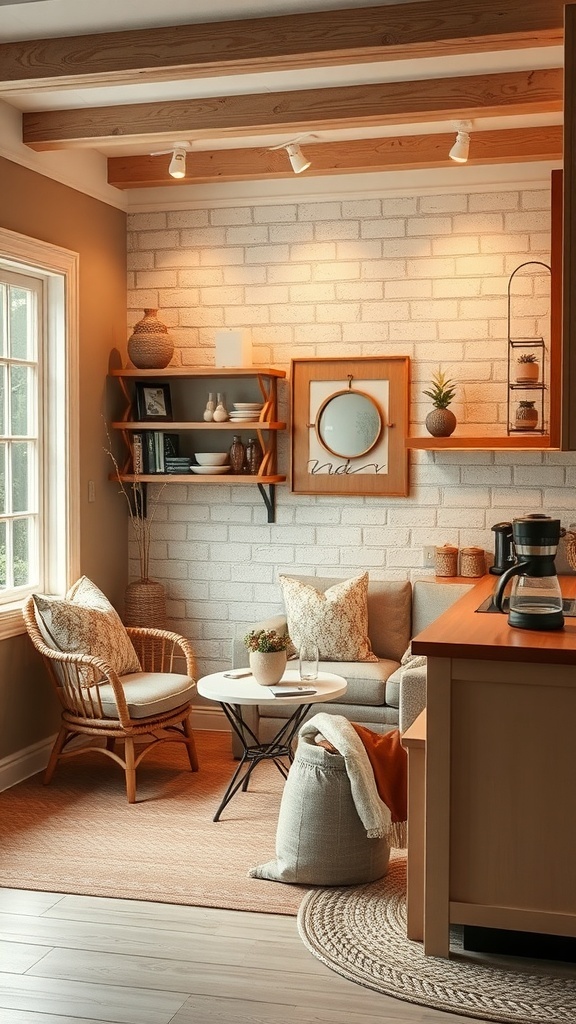 A cozy coffee nook with rattan chairs, a round table, and warm lighting in a kitchen setting.