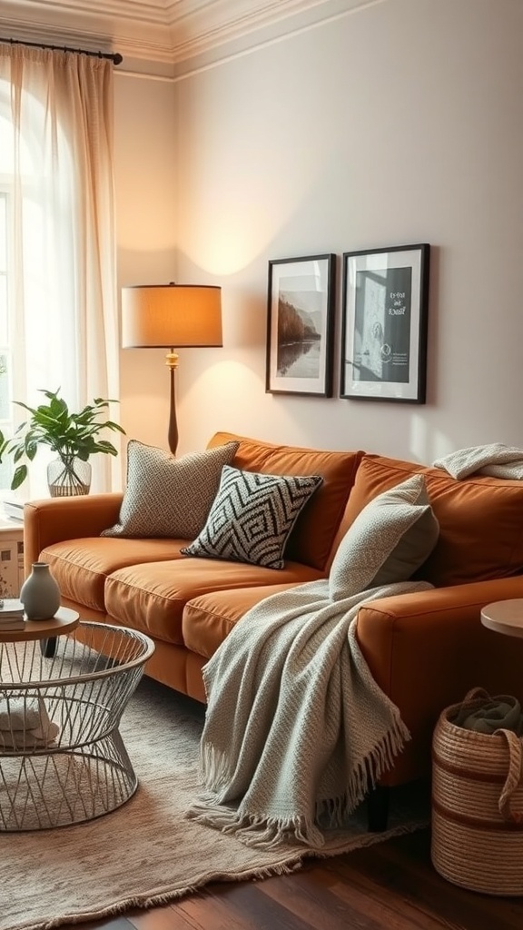 Cozy living room with a cognac couch, decorative pillows, and a coffee table.