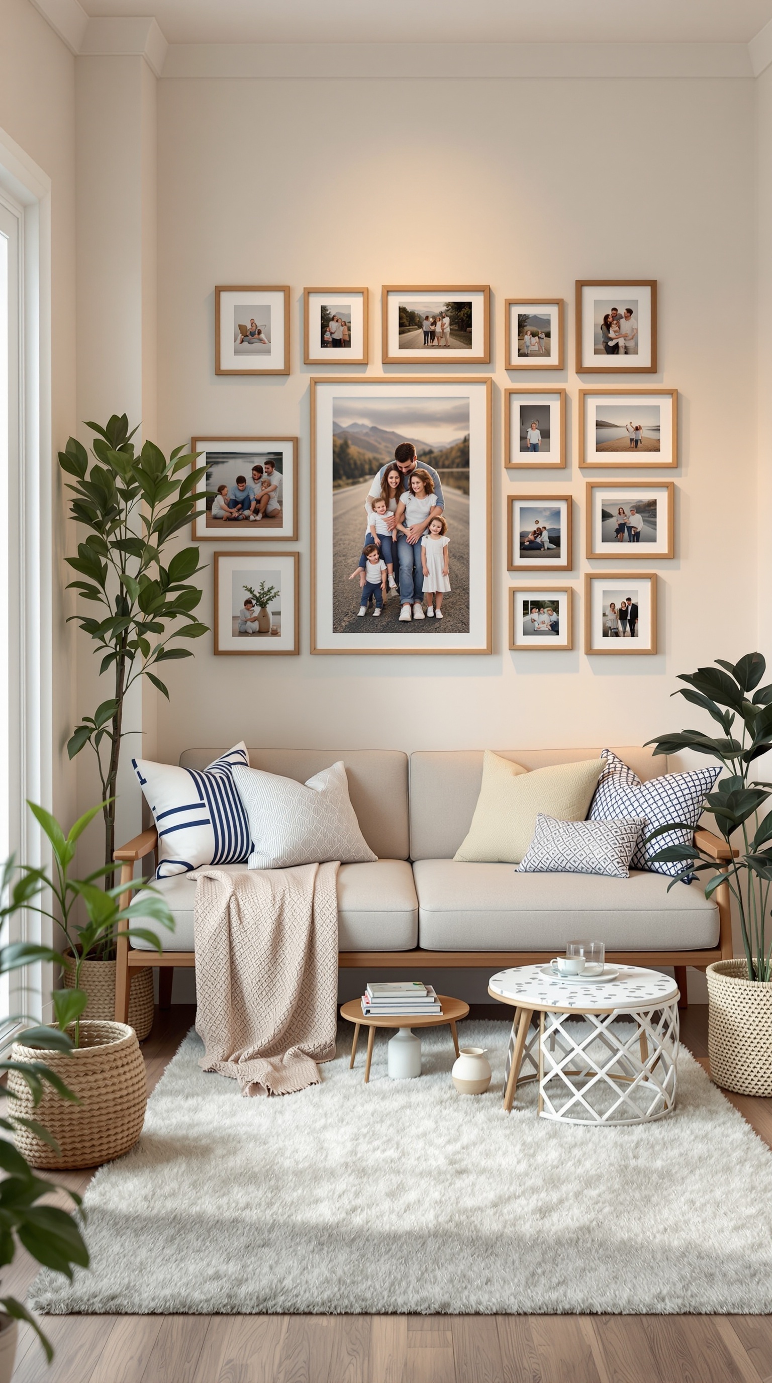 Cozy living room corner with family pictures on the wall, a comfortable sofa, and decorative plants.