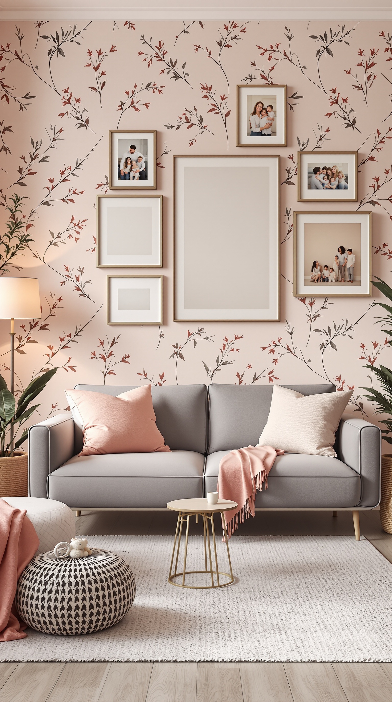 Cozy living room with floral wallpaper, gray sofa, and family photos