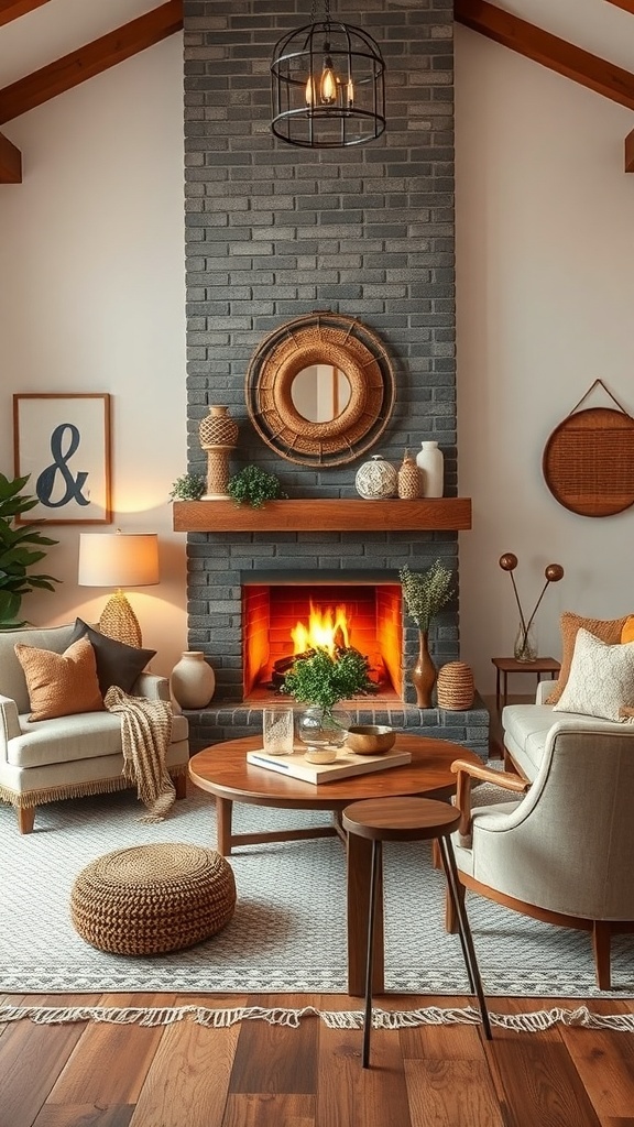 Cozy boho living room with a fireplace, two armchairs, a coffee table, and decorative elements.