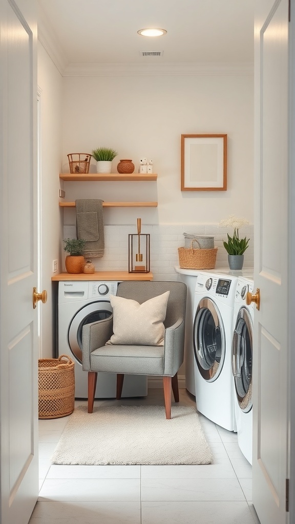 Cozy laundry nook with washing machines, shelves, and a comfortable chair