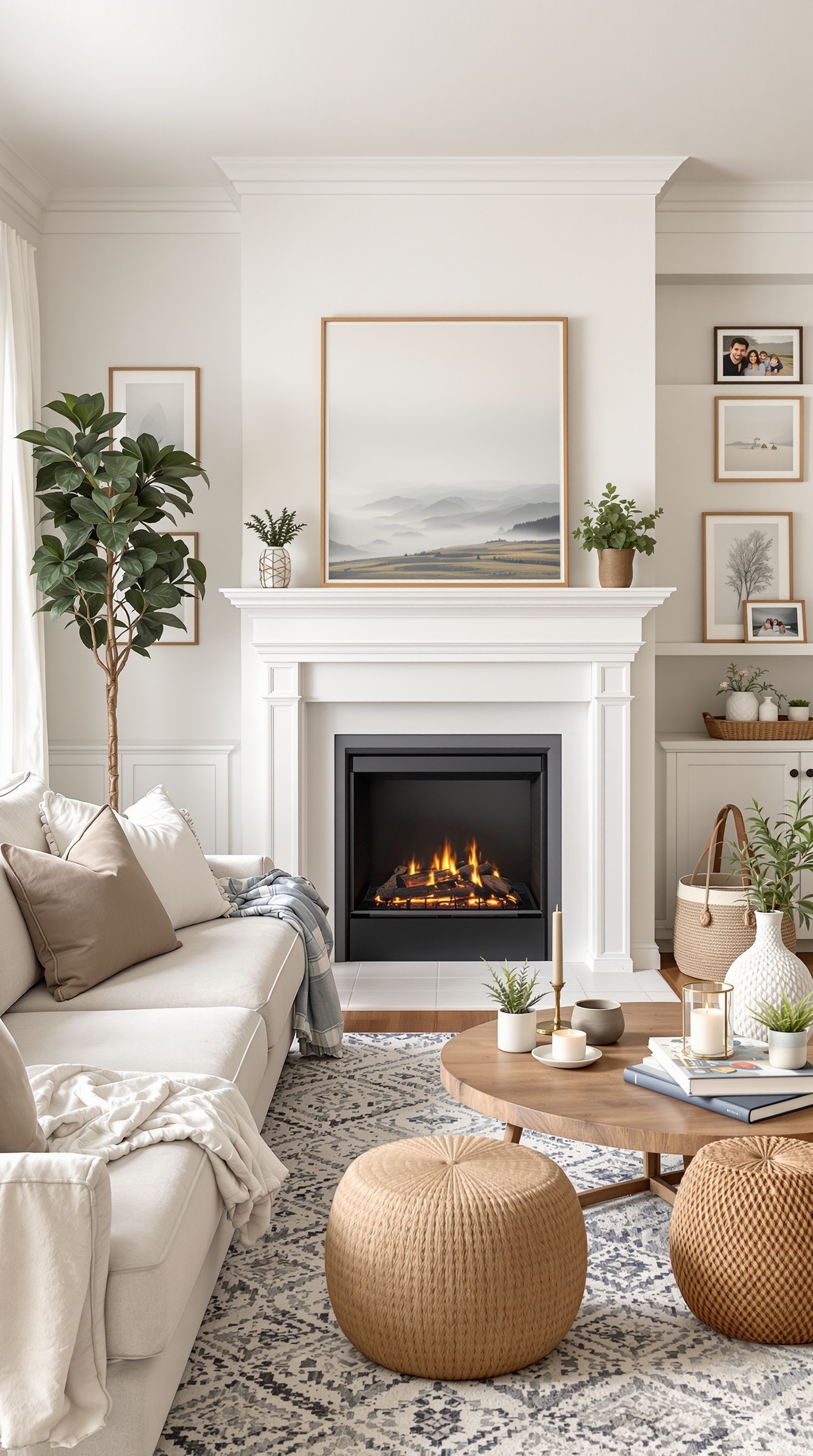 Cozy living room with a fireplace, comfortable sofa, and decorative elements.
