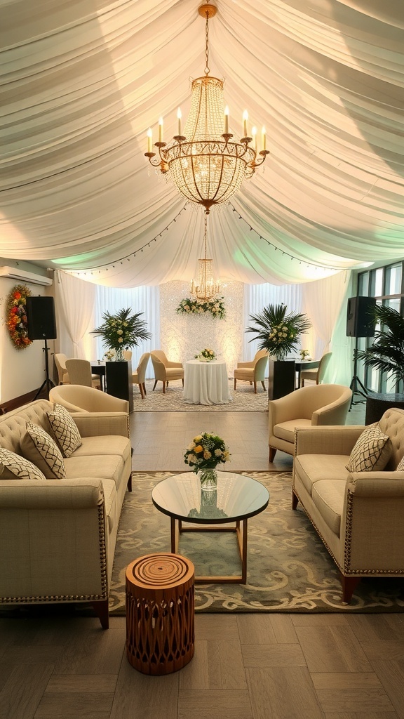 Cozy lounge area for a wedding reception featuring chic seating, a chandelier, and decorative plants.