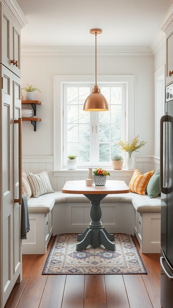 Cozy dining nook in a small kitchen with a round table and comfortable seating.