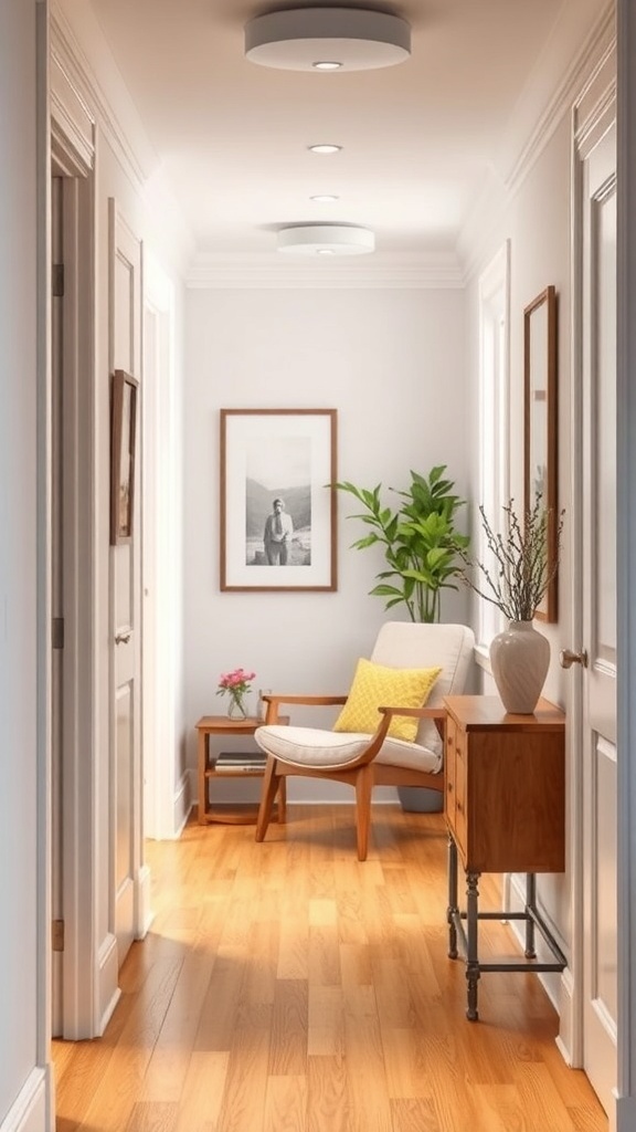 A cozy nook in a small hallway with a chair, table, and plants.