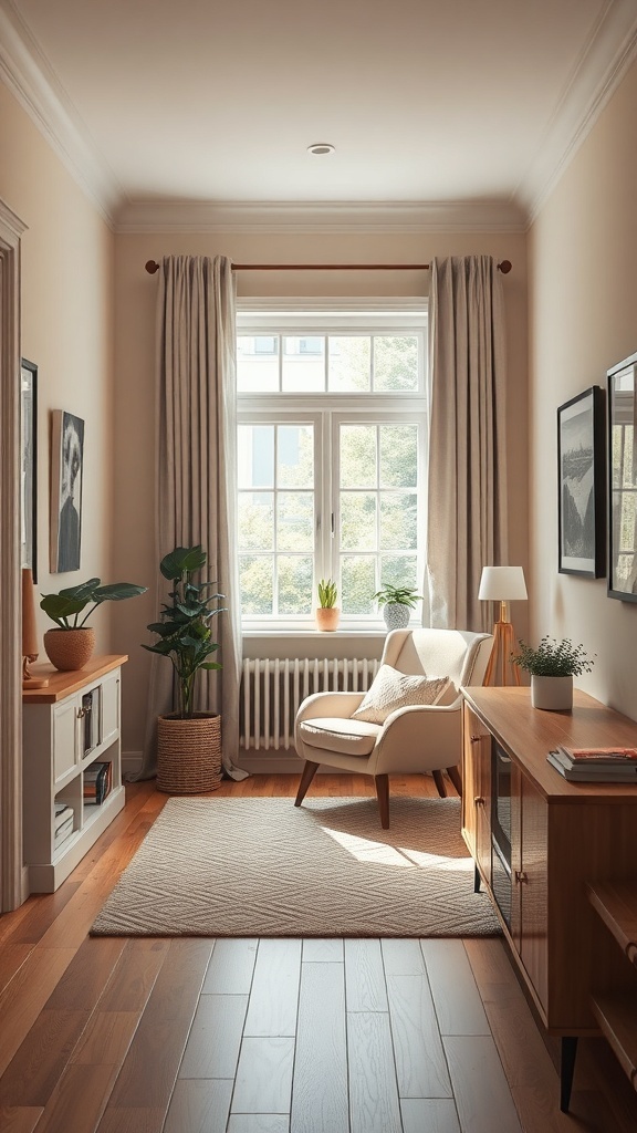 A narrow living room with a cozy nook featuring a comfortable chair, plants, and wooden furniture.