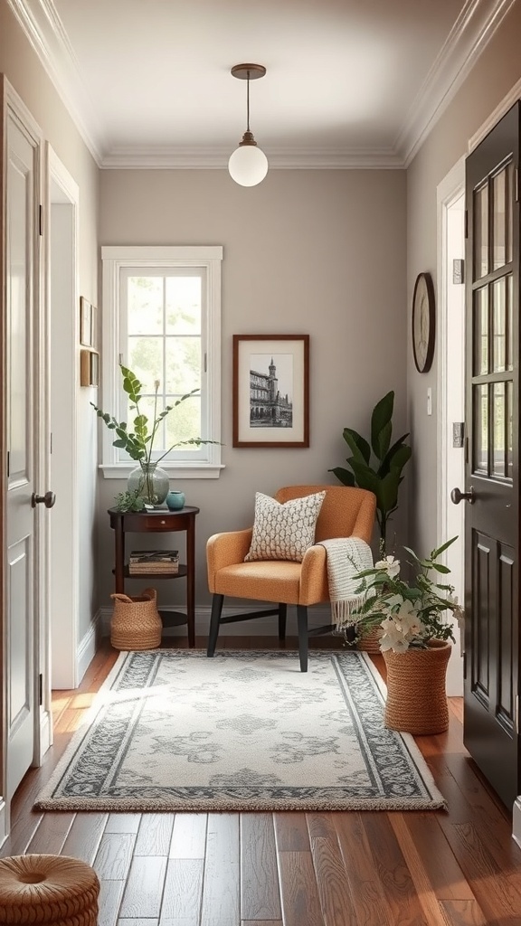 Cozy entryway with an orange chair, small table, plants, and a decorative rug.