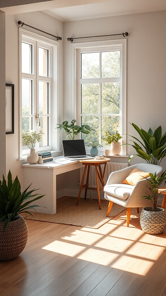 A cozy home office nook with large windows, plants, and a comfortable chair