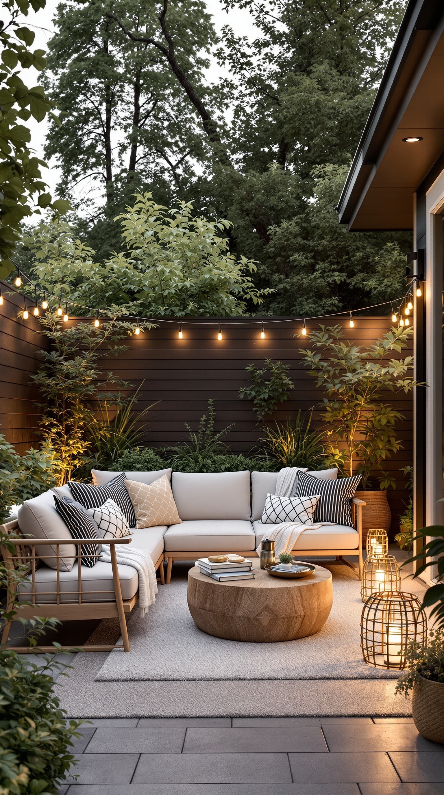 Cozy outdoor lounge area with a sectional sofa, wooden coffee table, and string lights.