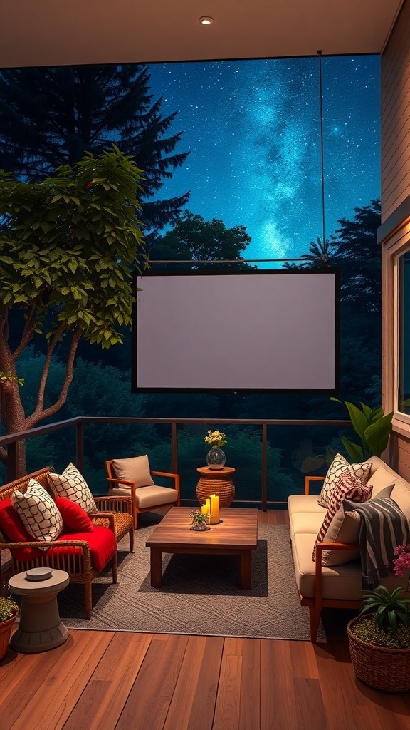 Cozy balcony setup for outdoor movie night with a screen, comfortable seating, and a starry sky.
