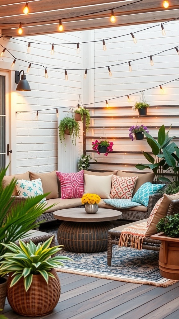 A cozy outdoor seating area with colorful cushions, string lights, and plants.
