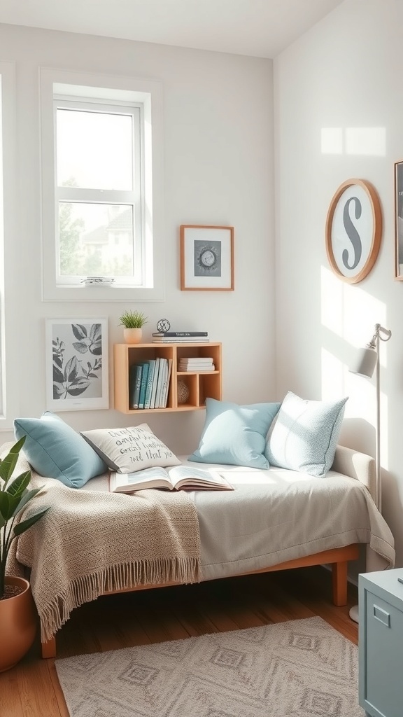 Cozy reading nook in a light blue dorm room with a daybed, pillows, and a small bookshelf.