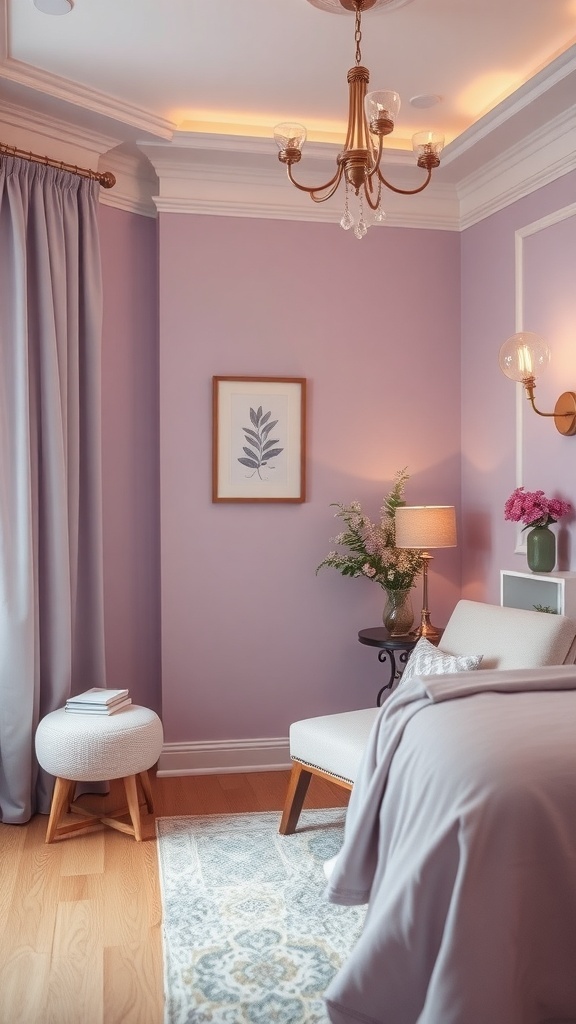 Cozy reading nook in a lilac bedroom with a comfortable chair, side table, lamp, and decorative plant.