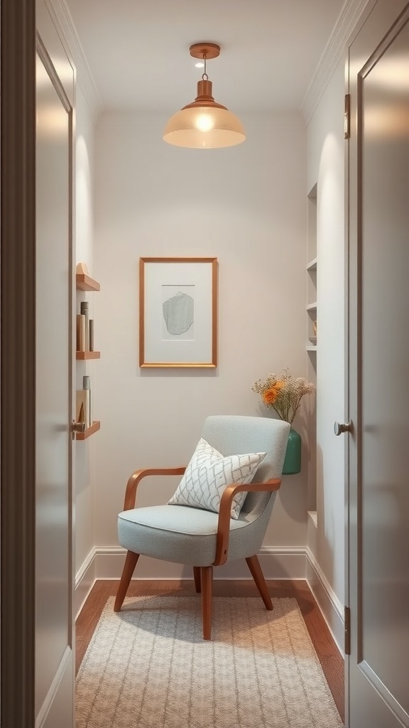 A cozy reading nook in a small walk-in closet featuring a soft chair, warm lighting, and decorative shelves.