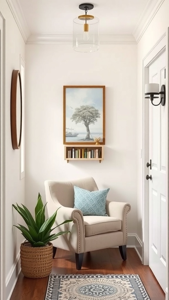Cozy reading nook in a small entryway with a chair, bookshelf, and plant.