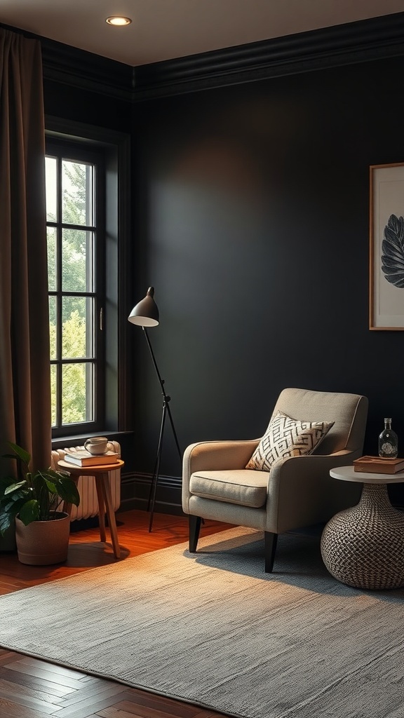 Cozy reading nook with a comfortable chair, side table, and warm lighting in a dark living room.